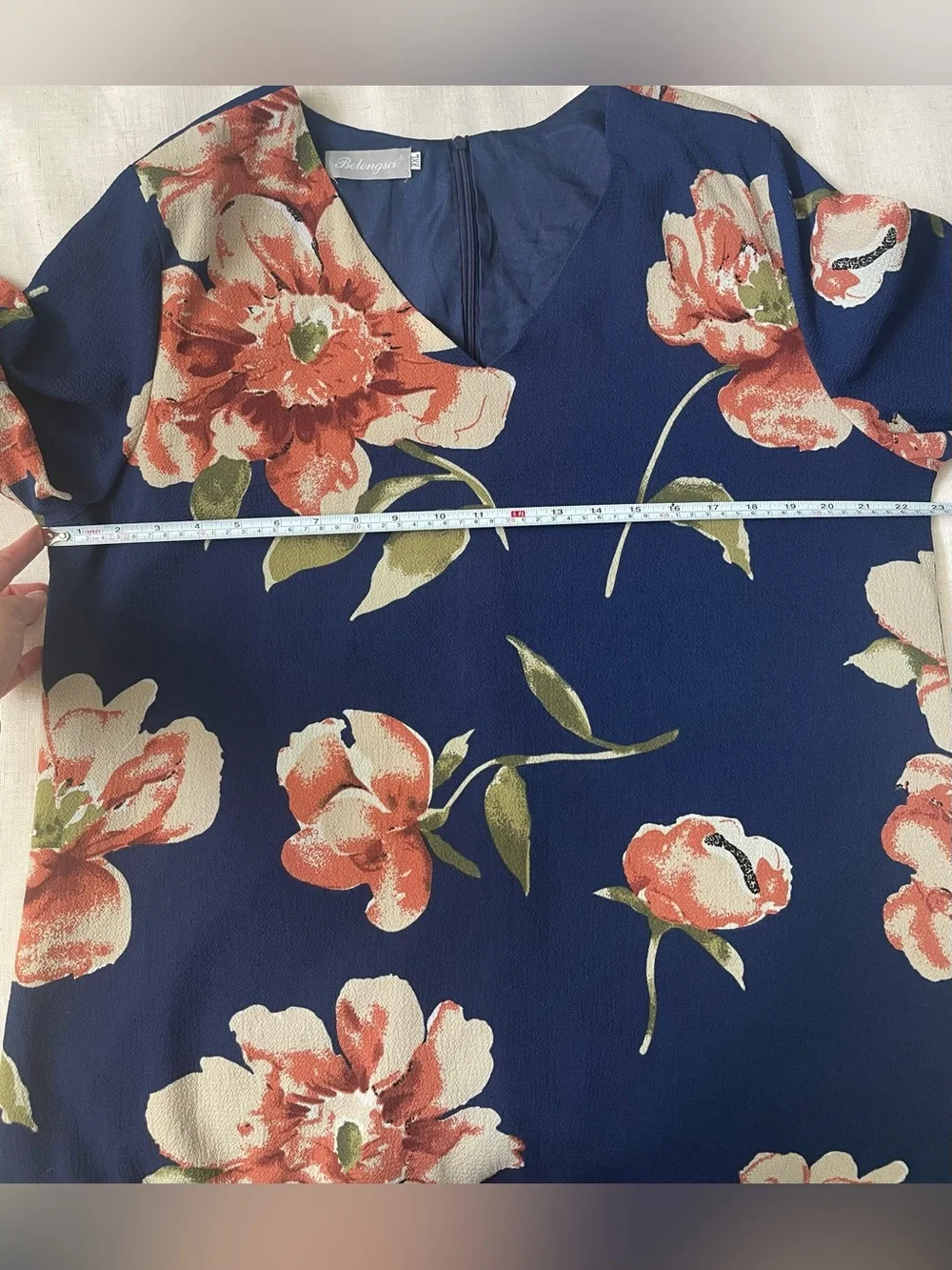 BelongSci Blue Floral Shift Dress Bell Sleeve V-Neck Size XXL